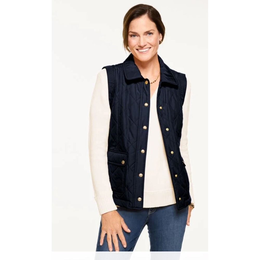 Talbots Quilted Barn Vest XL Navy Blue Gold Snap Buttons Pre-Loved Fall Classic